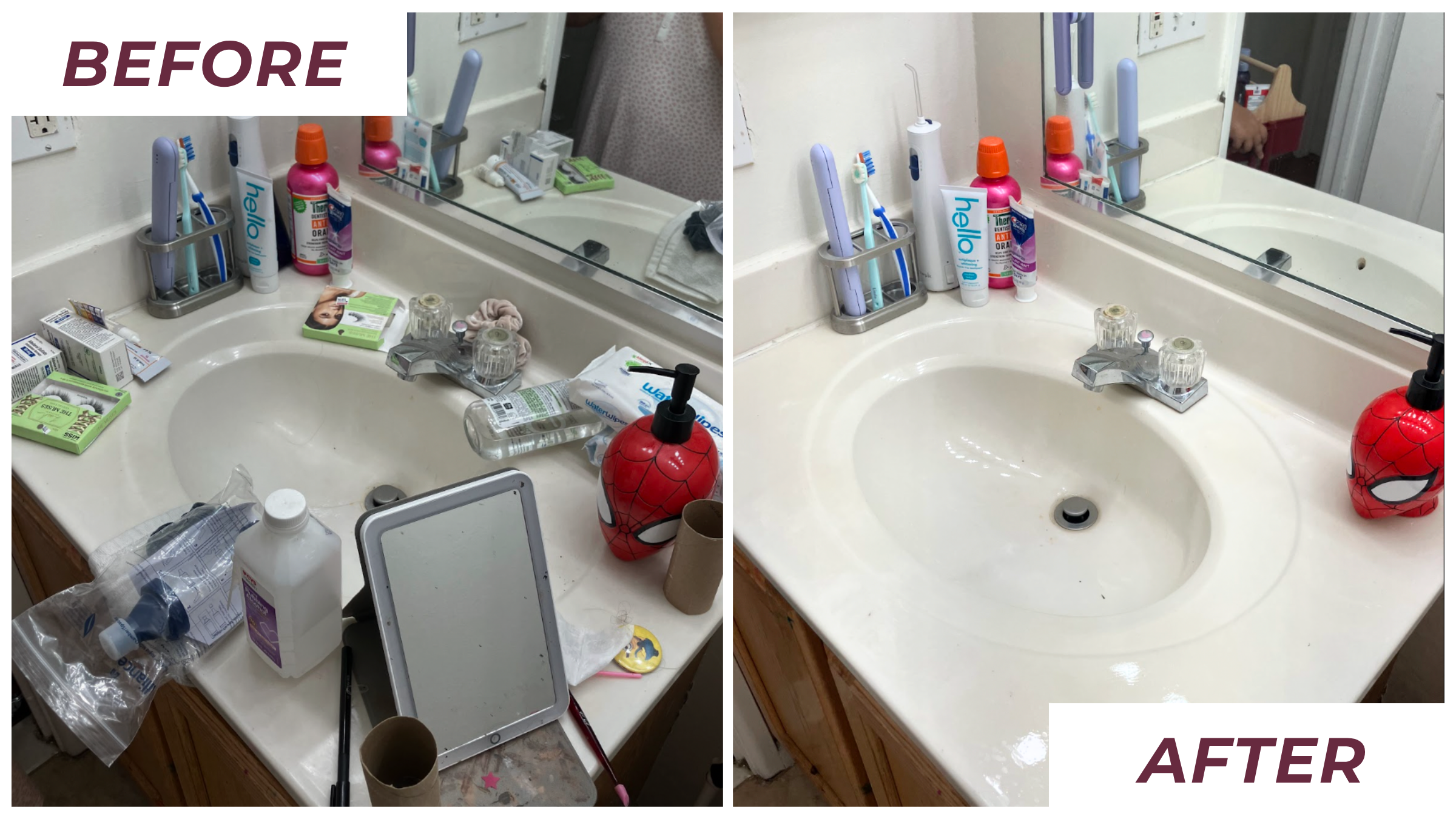 Side-by-side comparison of a white bathroom sink. On the left side labelled "before," the sink is covered in toiletries and upended items. On the right side labelled "after," the counter is clear and clean with much fewer items on it.