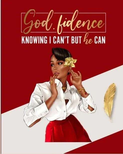 Stylish woman in white blouse and red skirt with a gold flower in her hair, posing against a red and white background with gold feather, text reads 'God. confidence. Knowing I can't but he can.'