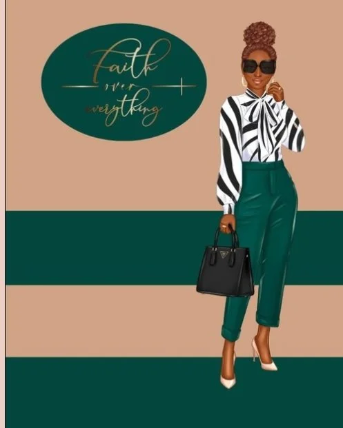 Stylish woman with curly hair in a bun, wearing large sunglasses, a black and white striped blouse with a bow tie, teal high-waisted pants, white high heels, and holding a black handbag, standing next to a sign that says 'Faith over everything' on a beige and teal background.