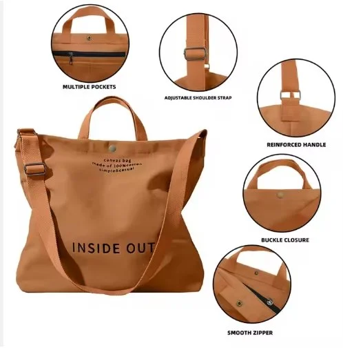 Tan canvas tote bag with multiple pockets, adjustable shoulder strap, reinforced handle, buckle closure, and smooth zipper.