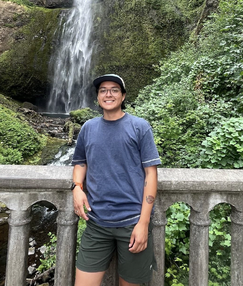 A person standing on a stone bridge in front of a waterfall and lush greenery in a forested area.