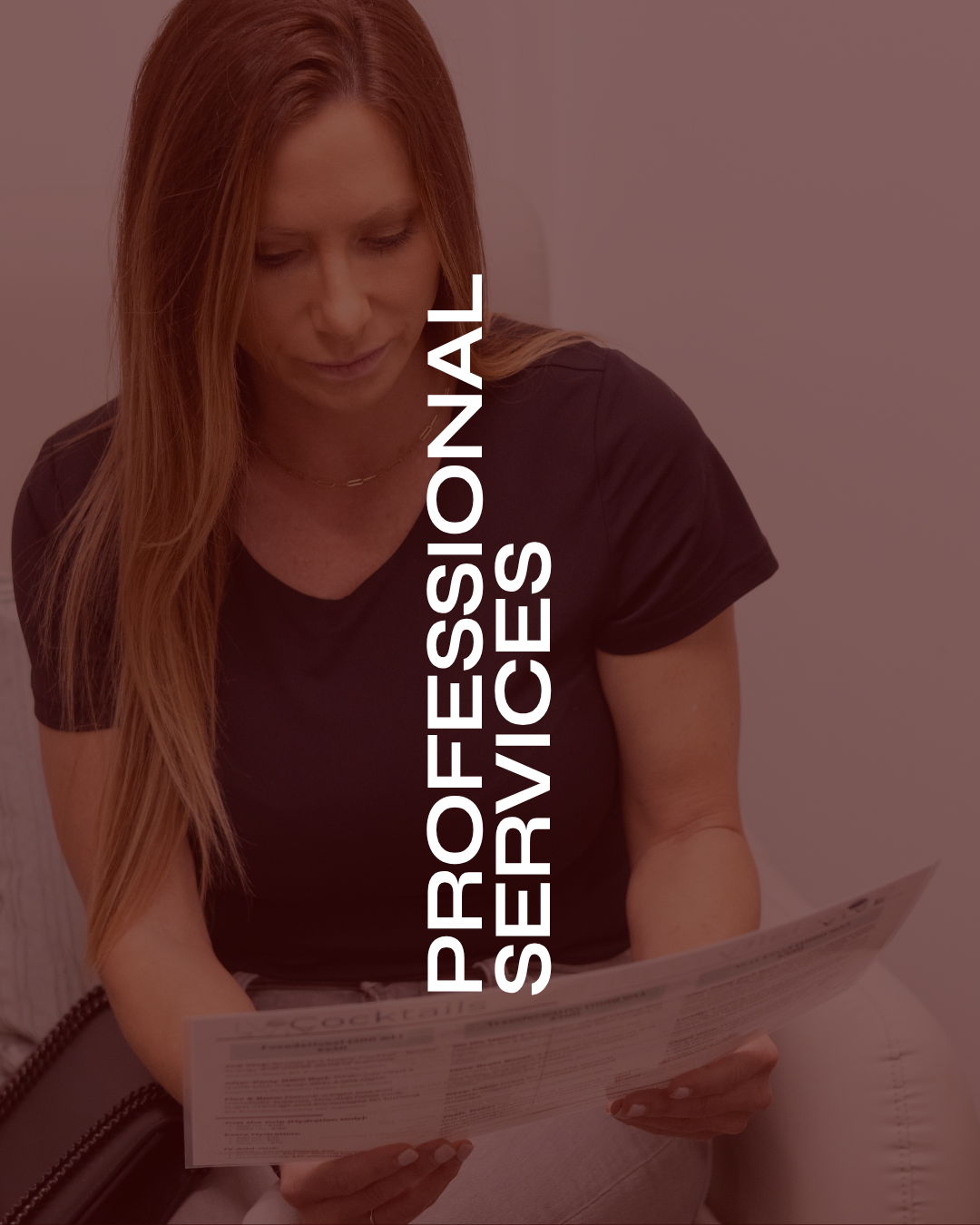 A woman reading a printed menu in a restaurant or cafe, with the text 'PROFESSIONAL SERVICE' overlaid.