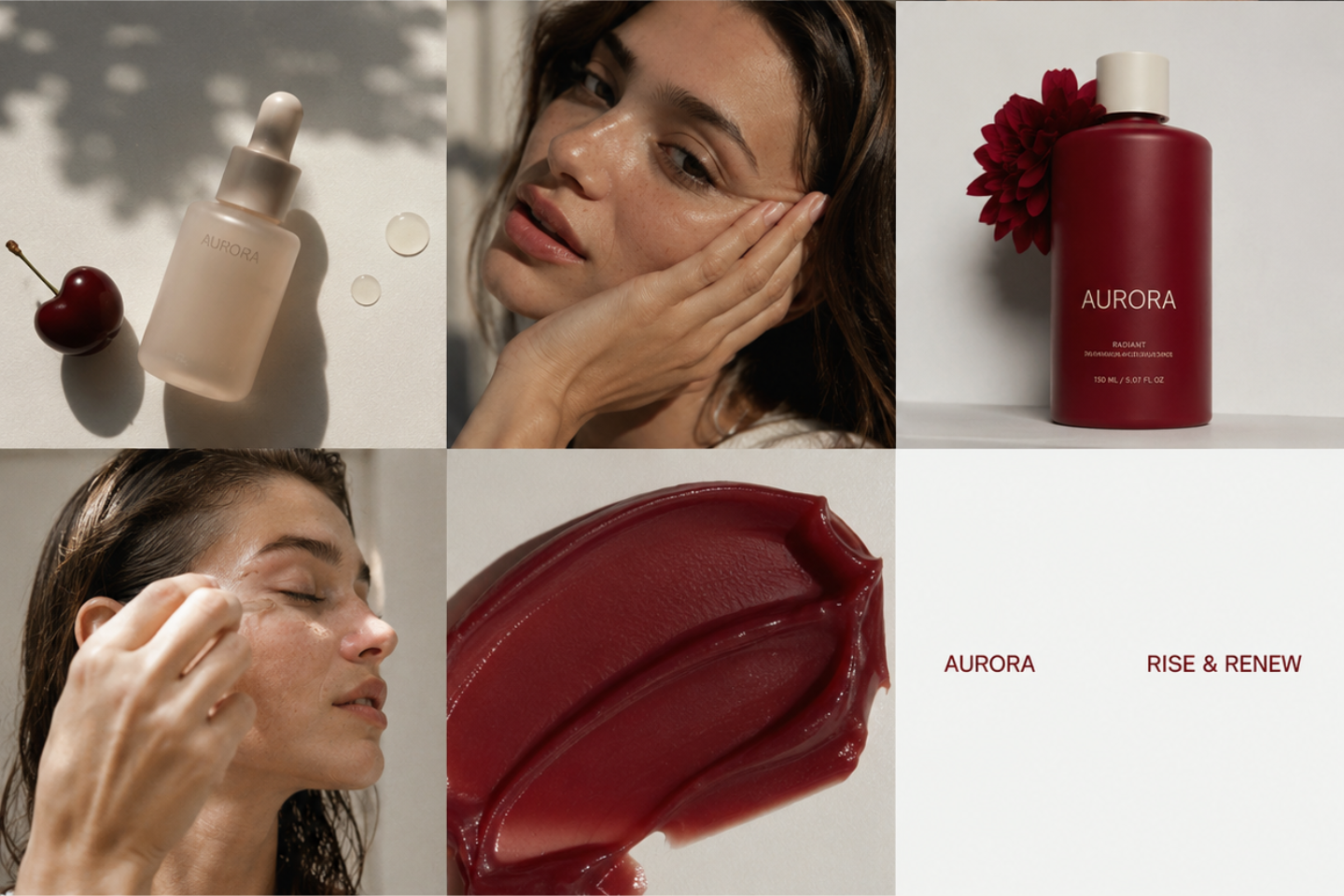 Collage of skincare and beauty products with women applying skincare, including bottles labeled Aurora, and red lipstick smear, with the words 'Aurora Rise & Renew'.