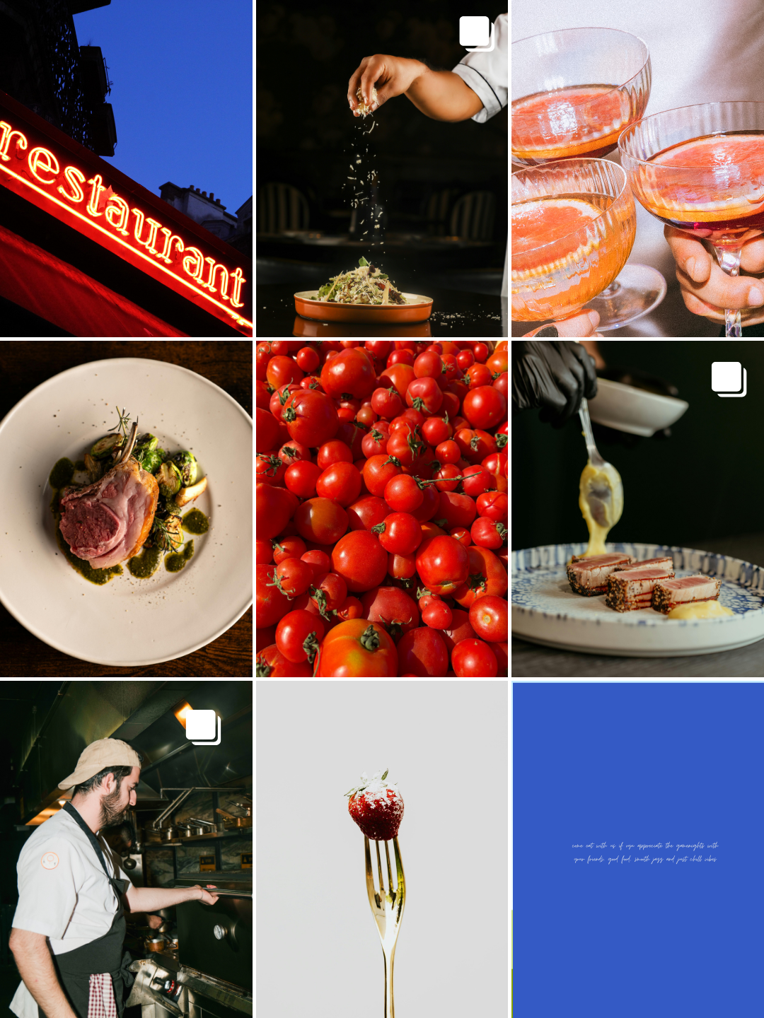 A collage of food and dining scenes, including a restaurant sign, a person sprinkling herbs on a dish, cocktails, a plated meat dish, cherry tomatoes, a chef cooking, and a fork with a berry desserts.