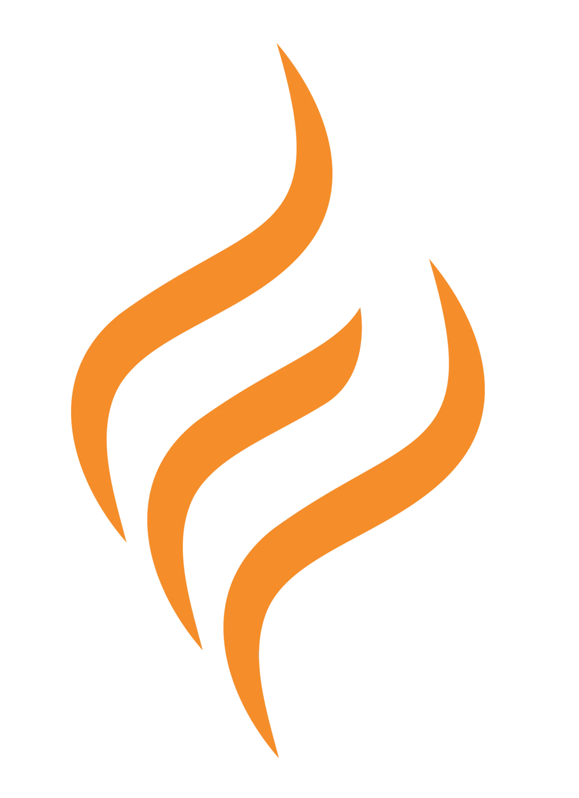 A stylized flame symbol with orange and black colors on a black background.