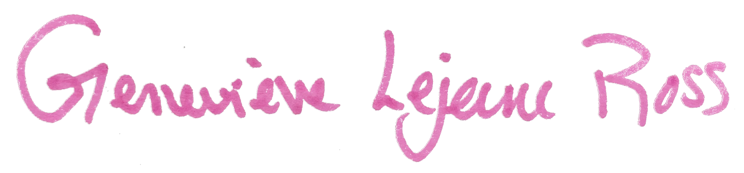Signature en rouge rose avec le nom "Geneviève Lejeune Ross".