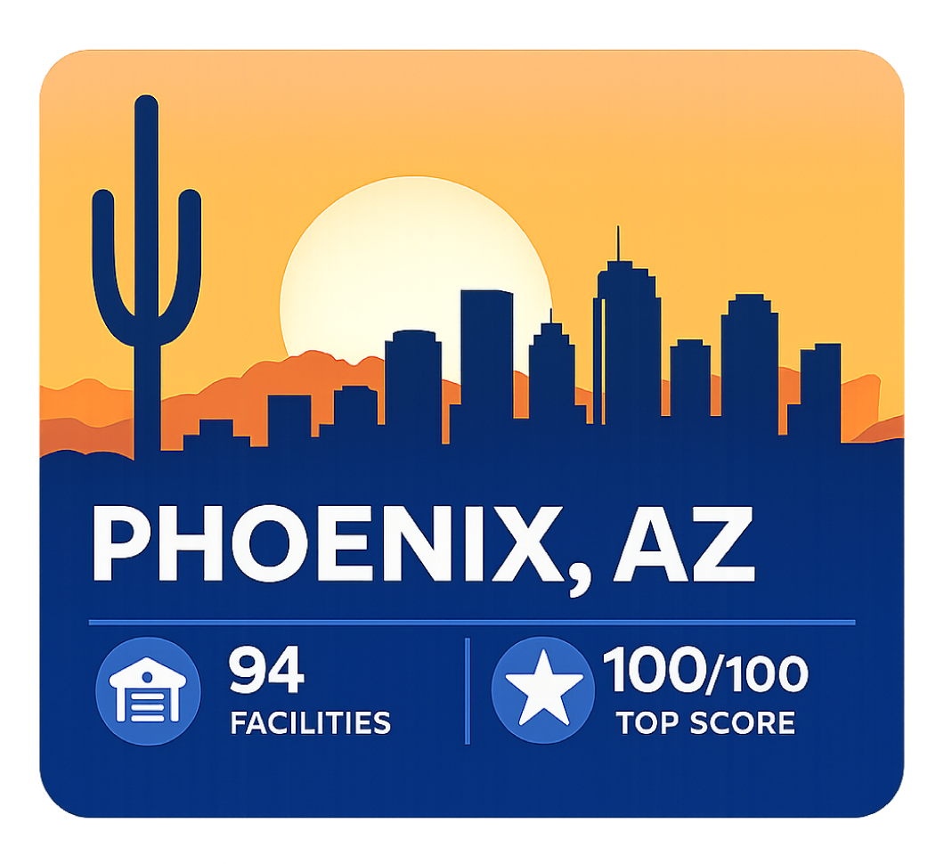 Phoenix, AZ RV storage ranking graphic showing 94 facilities reviewed and a top score of 100 out of 100