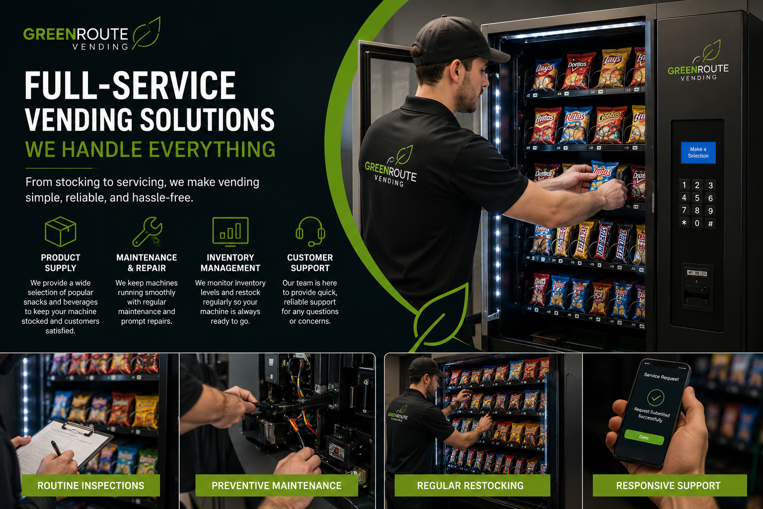 A vending machine with snacks from Green Route Vending being filled and serviced by a technician, with text describing their full-service vending solutions, including product supply, maintenance and repair, inventory management, and customer support.
