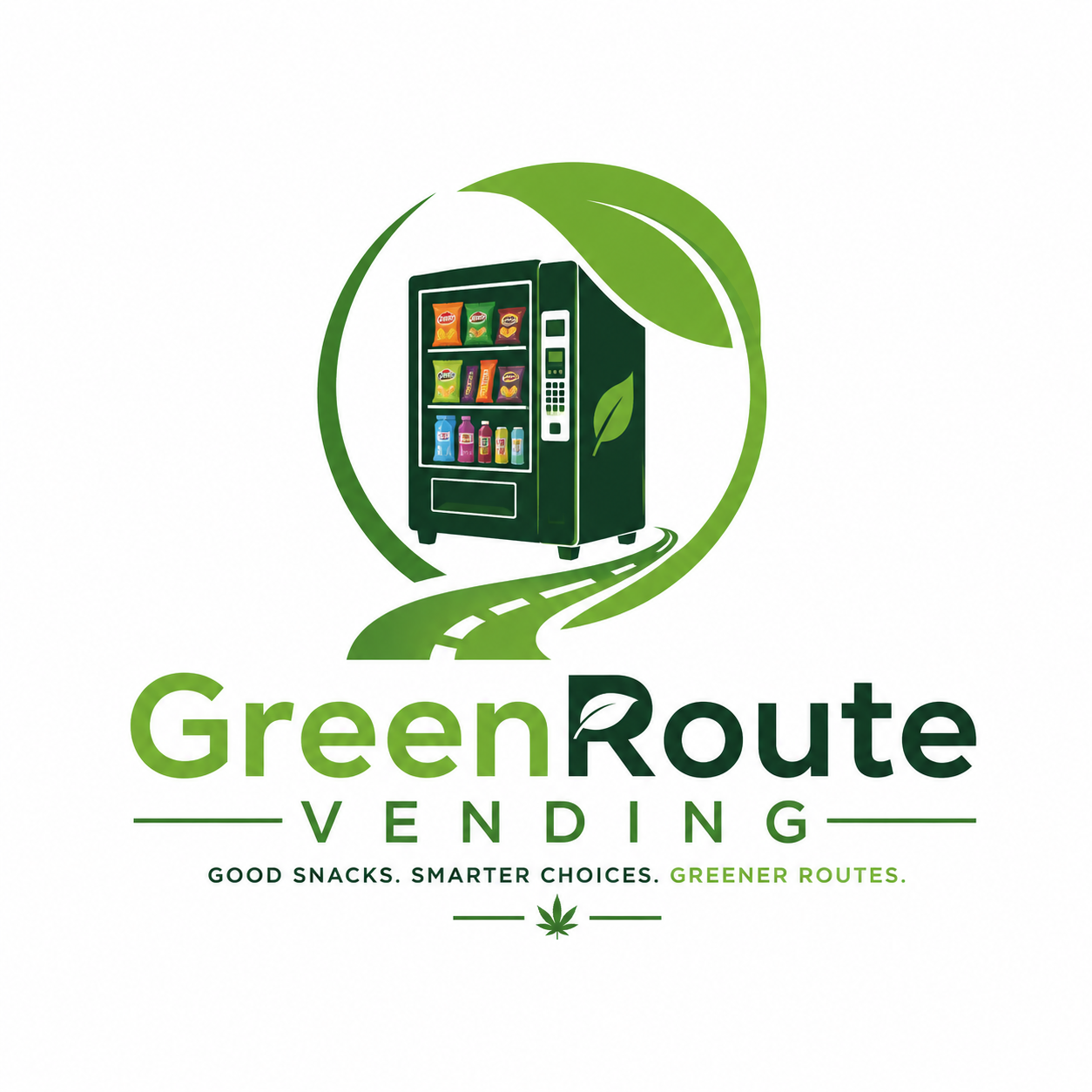 Logo for Green Route Vending featuring a vending machine with snacks, surrounded by green leaves and a curving road, with the slogan 'Good snacks. Smarter choices. Greener routes' and a small cannabis leaf symbol.