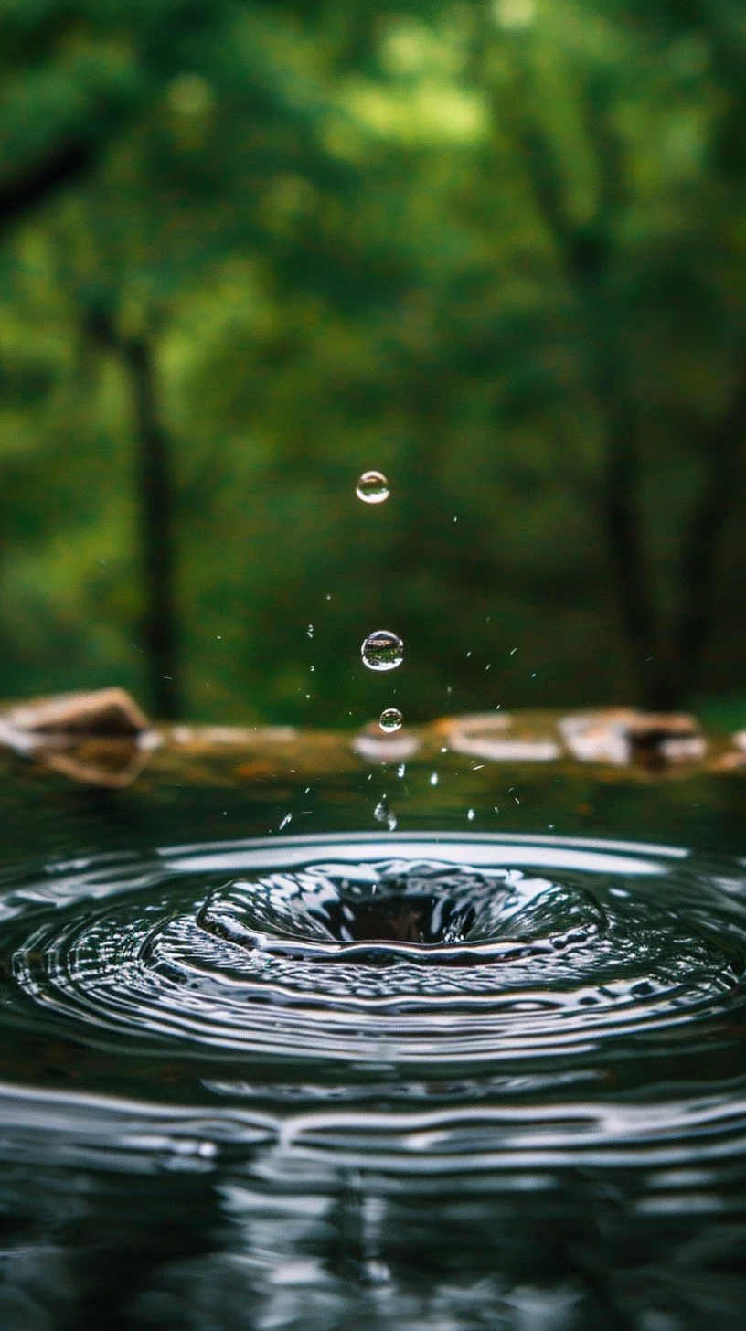Close-up of water droplets falling into a water body producing ripples, with a blurred green forest background.
