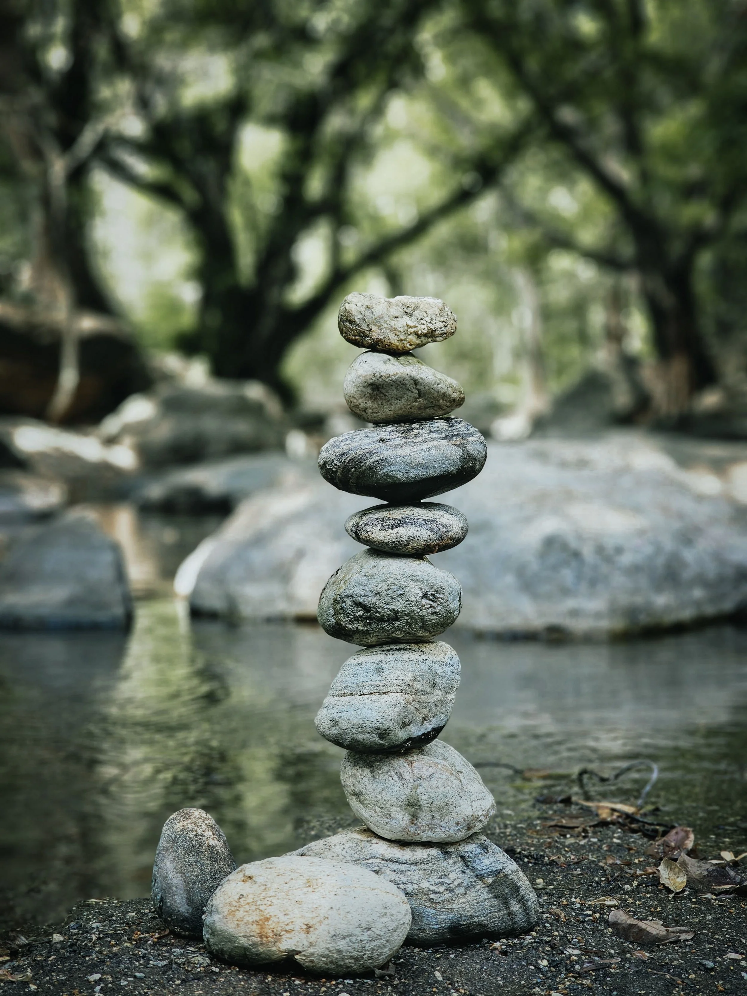 A stack of rocks balanced carefully on a rocky, earthy ground near a body of water in a forested area with green trees in the background.