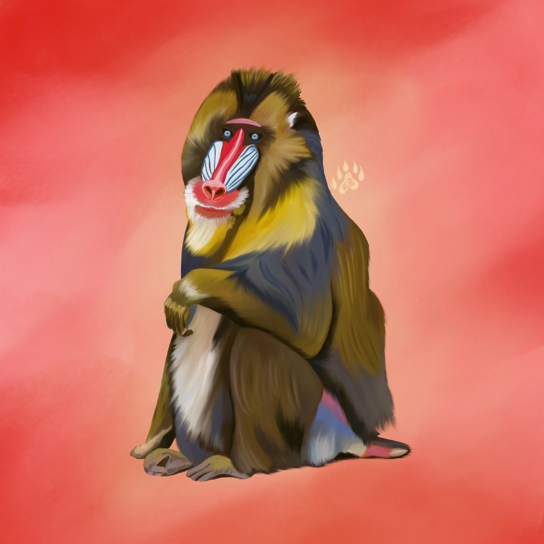 Digital painting of a baboon sitting on a branch against a pinkish-orange background. The baboon's face is stylized with exaggerated features and bright, contrasting colors. The artist's initials are visible near the baboon's right ear.