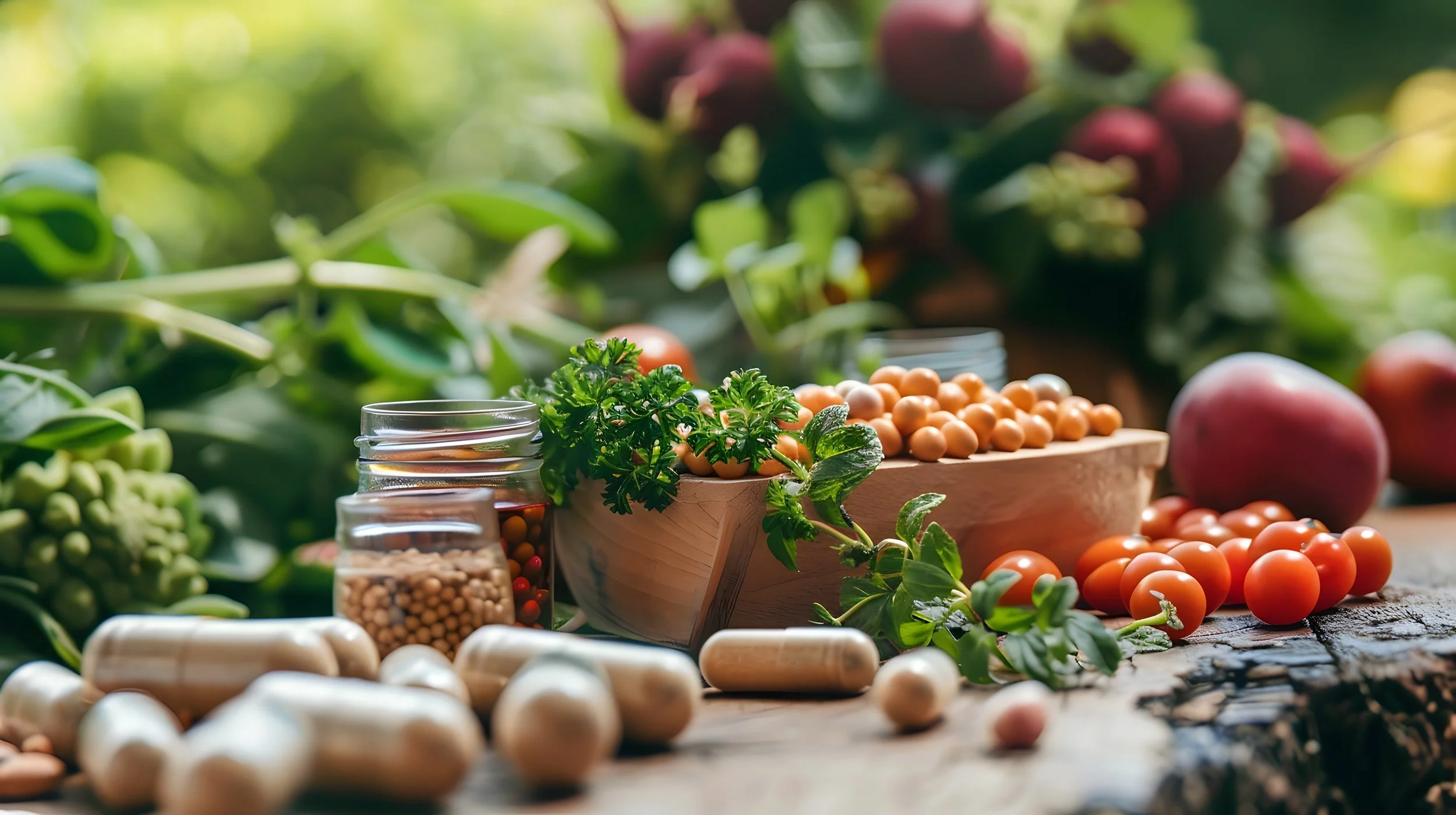 Fresh vegetables including tomatoes, cherry tomatoes, and herbs displayed on a rustic wooden surface at an outdoor market.