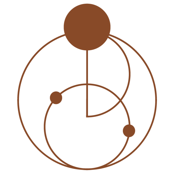 Stylized diagram of atomic structure with a nucleus and orbiting electrons.
