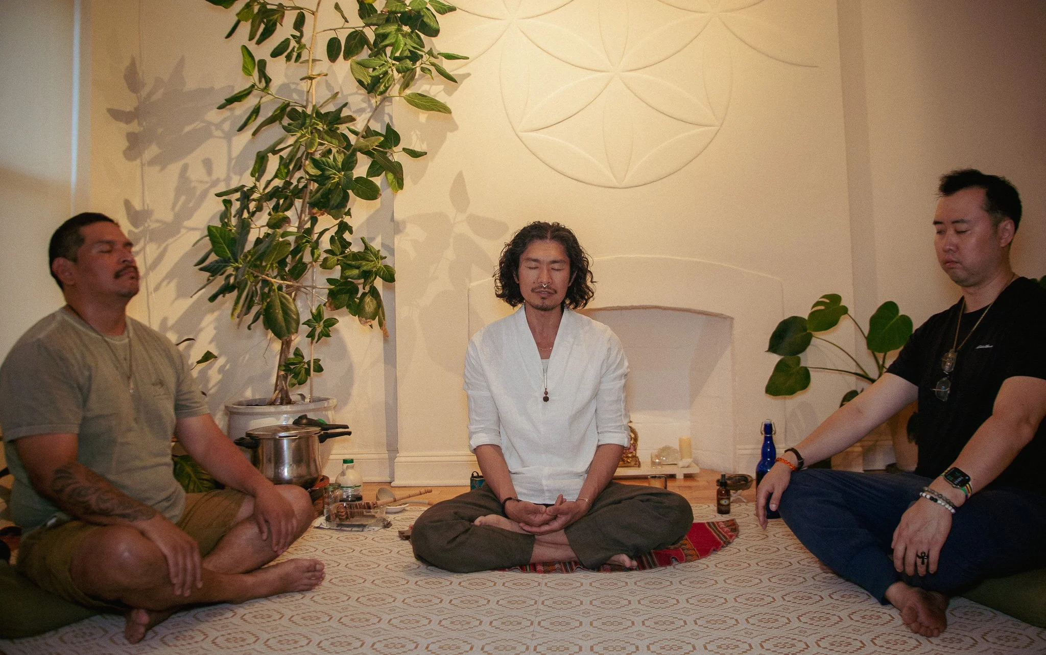 Four men are seated cross-legged on a patterned rug in a meditation room with beige walls. They are meditating with their eyes closed. Behind them, there is a large green plant and a circular wall decoration. The room has calming lighting and various small objects on a table behind them.