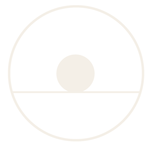 Simplistic black and white graphic of a circle with a smaller circle inside, a horizontal line through the middle, with white on the top and black on the bottom.