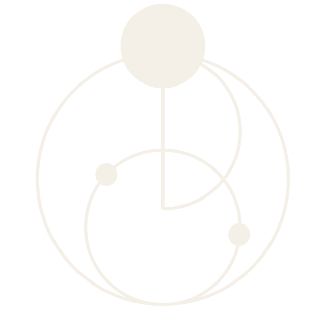 An abstract geometric design with white circles and lines on a black background, resembling celestial or planetary orbits.