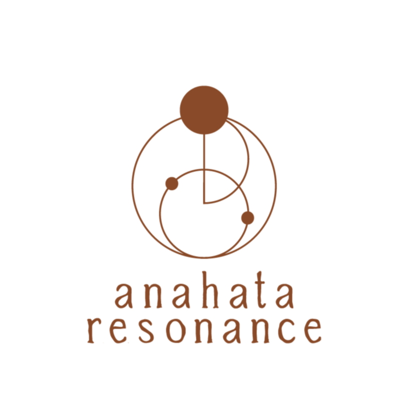 Logo for Anahata Resonance featuring a stylized atomic or planetary symbol above the name 'anahata resonance' in lowercase brown text.