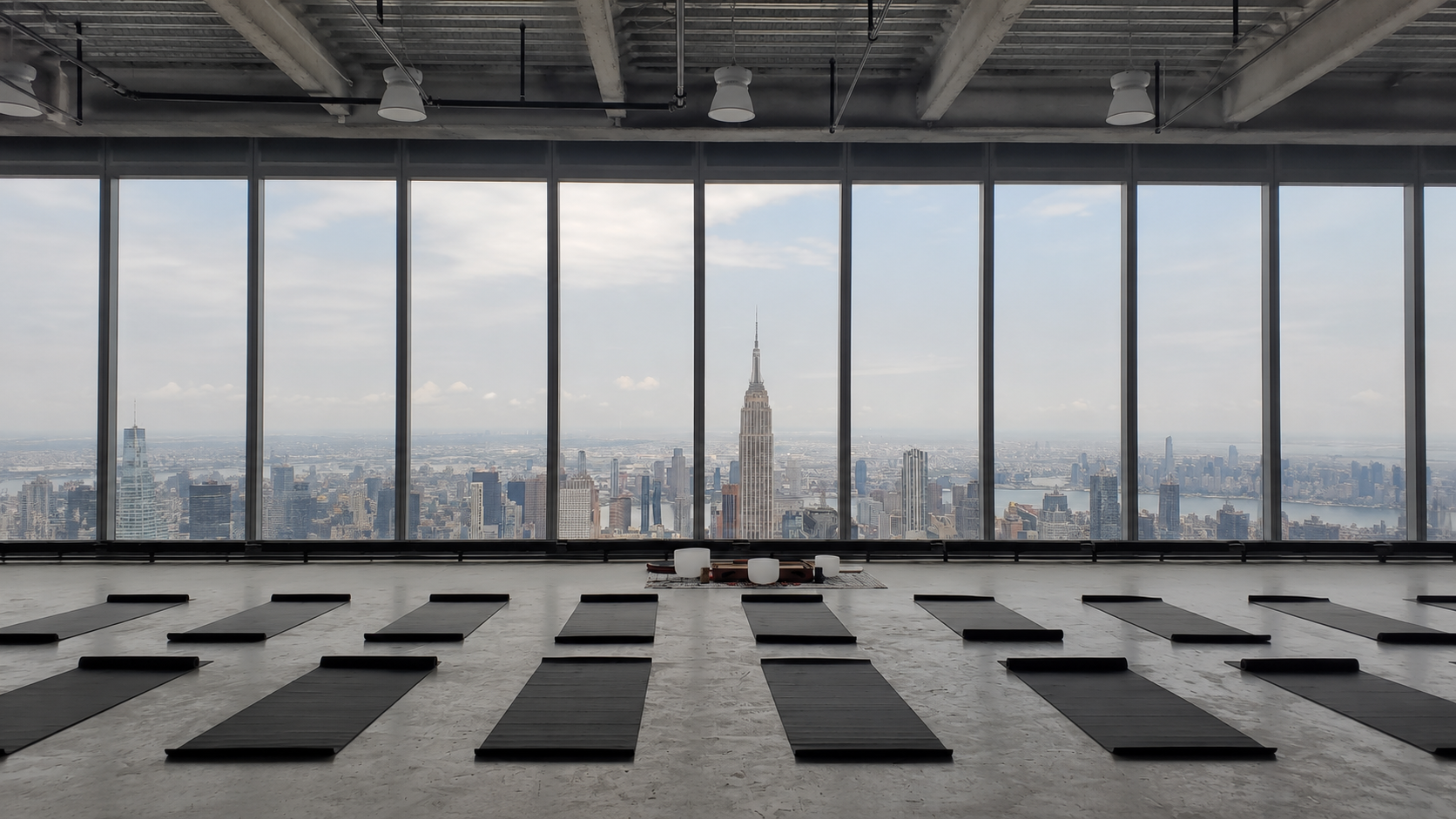 A spacious indoor yoga studio with yoga mats laid out on a light-colored floor, large windows offering a view of the New York City skyline, including the Empire State Building.