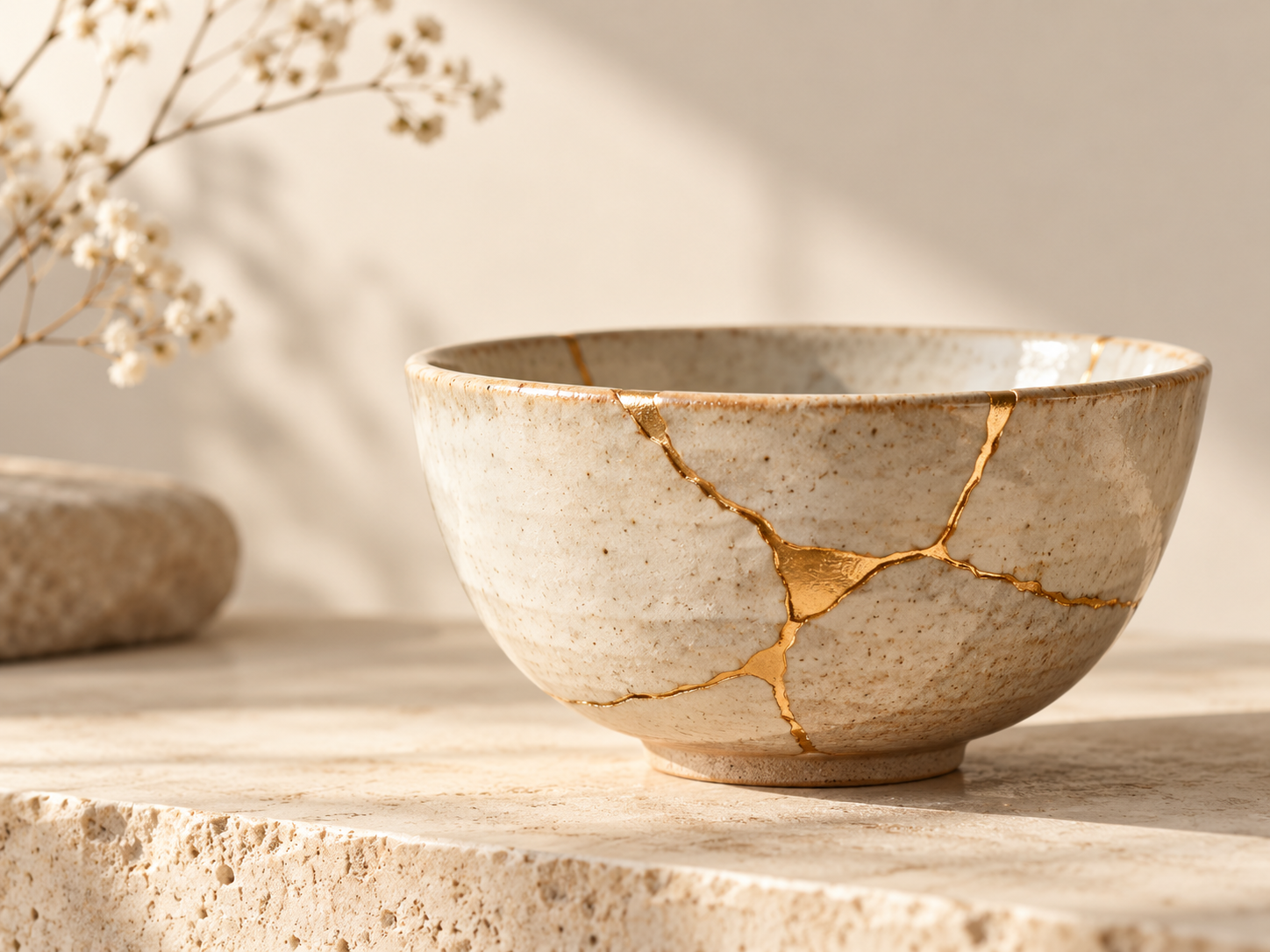 Japanese kintsugi ceramic bowl repaired with gold, symbolizing transformation and beauty in imperfection.