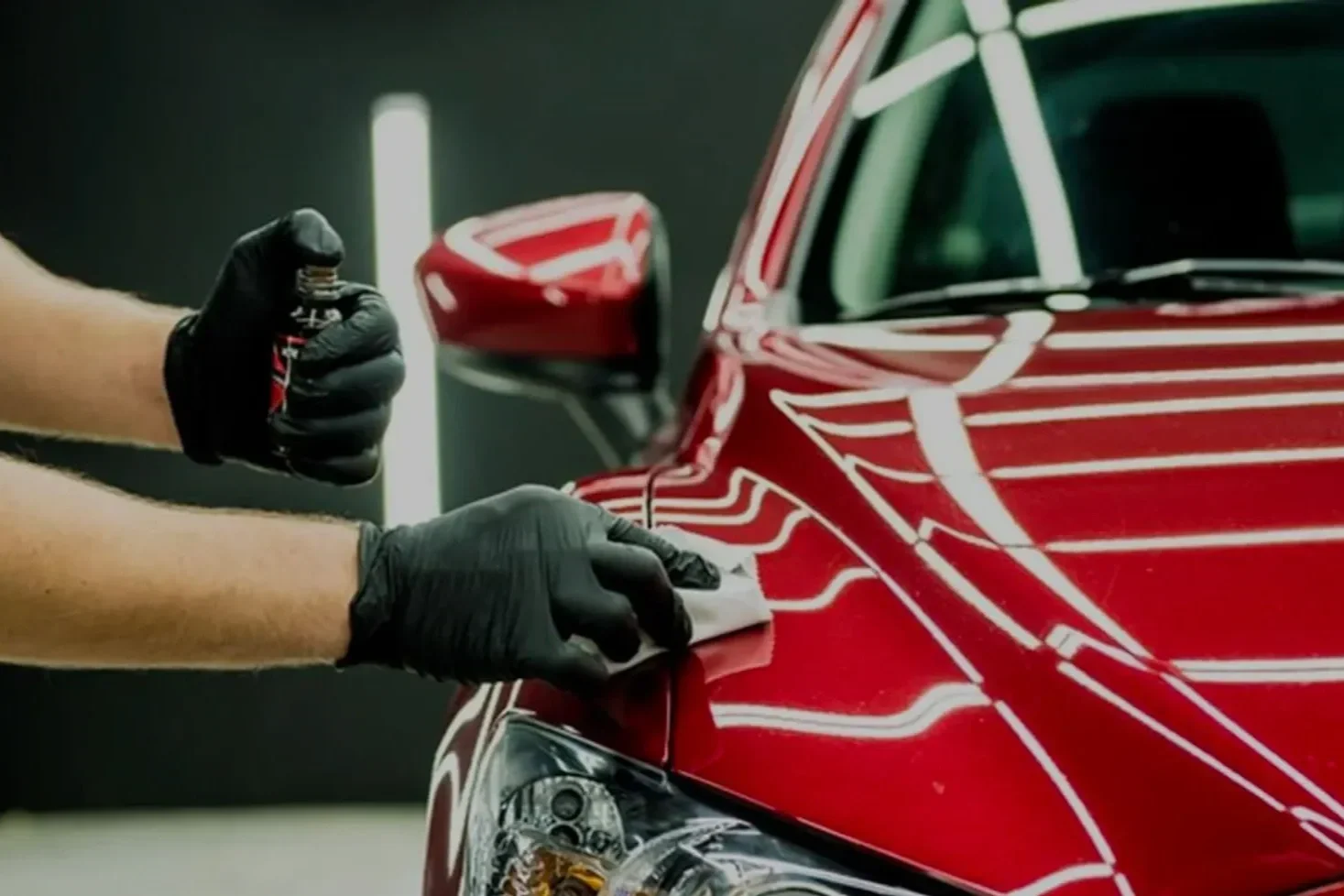 A person wearing black gloves applies a protective film or wrap to the hood and side of a red car in a workshop.