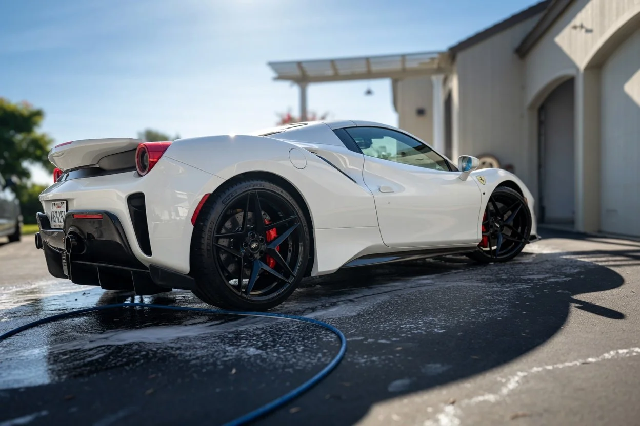 White Ferrari sports car being washed with soap and water outside a building.