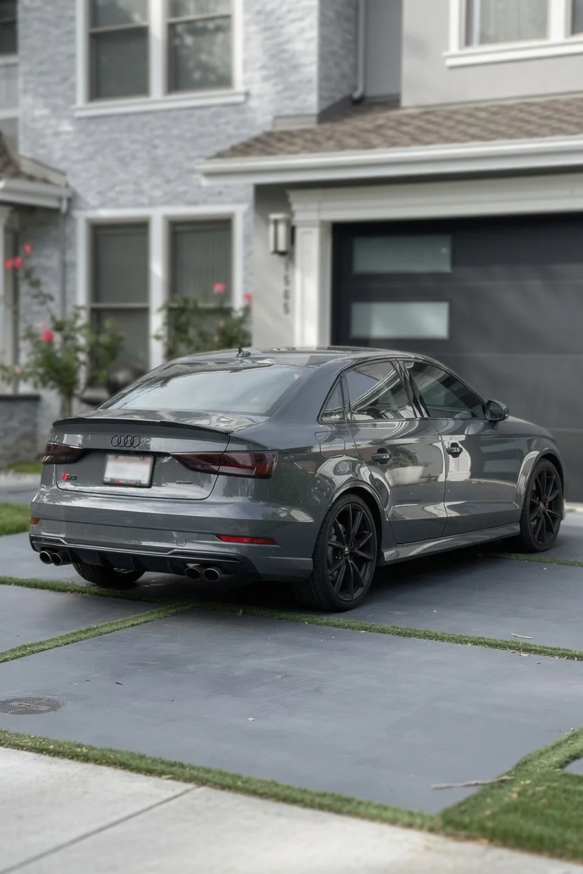 Black Audi sedan parked in driveway in front of a modern house with gray exterior and large garage door.