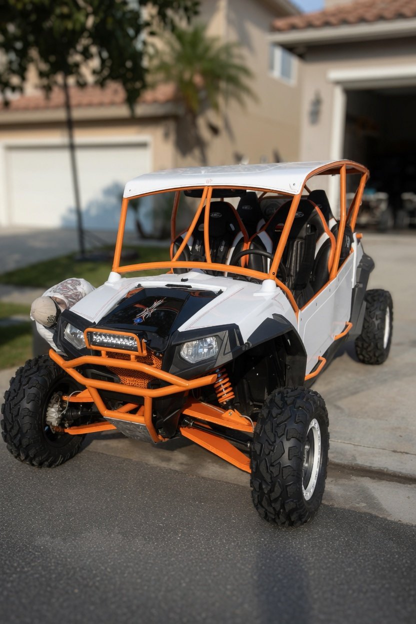 A robotic off-road vehicle with large tires, orange roll cage, and black and white body panels, parked on a driveway in front of a house.