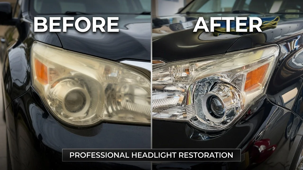 Comparison of a car headlight before and after professional restoration, showing cloudy and clear headlights respectively.