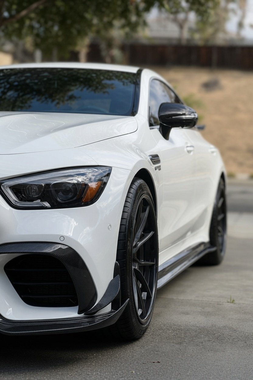 Close-up of a white sports car with black rims parked outdoors.