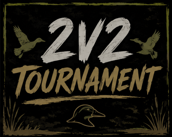 A chalkboard-style design announcing a 2v2 tournament with two flying birds, a duck head, and grassy elements.