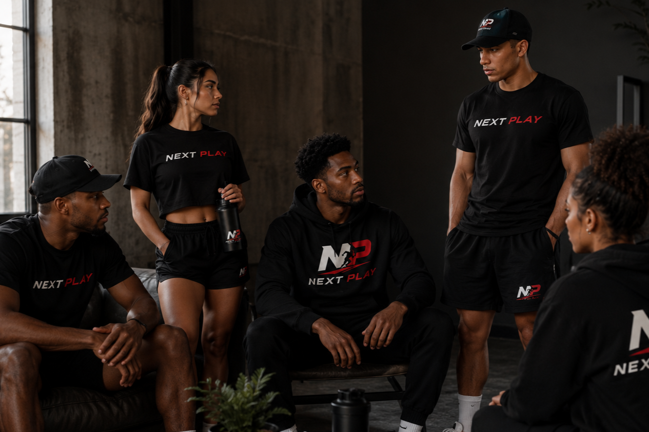 Group of five young athletes wearing black shirts with 'NEXT PLAY' logo, sitting and standing in a modern gym or indoor training space, engaged in a serious discussion.
