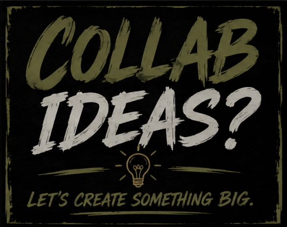 Chalkboard-style sign with the text 'Collaborate Ideas? Let's create something big.' and a small lightbulb icon underneath.