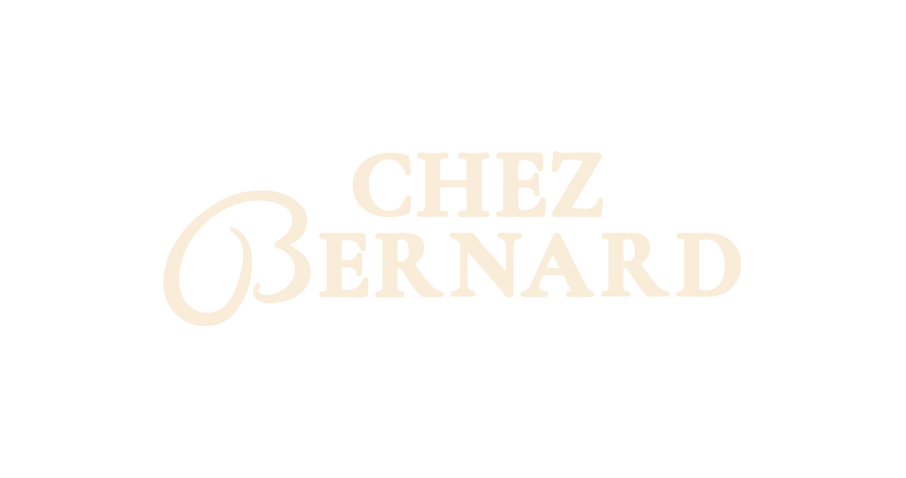 Logo for Chez Bernard with black background and white text.