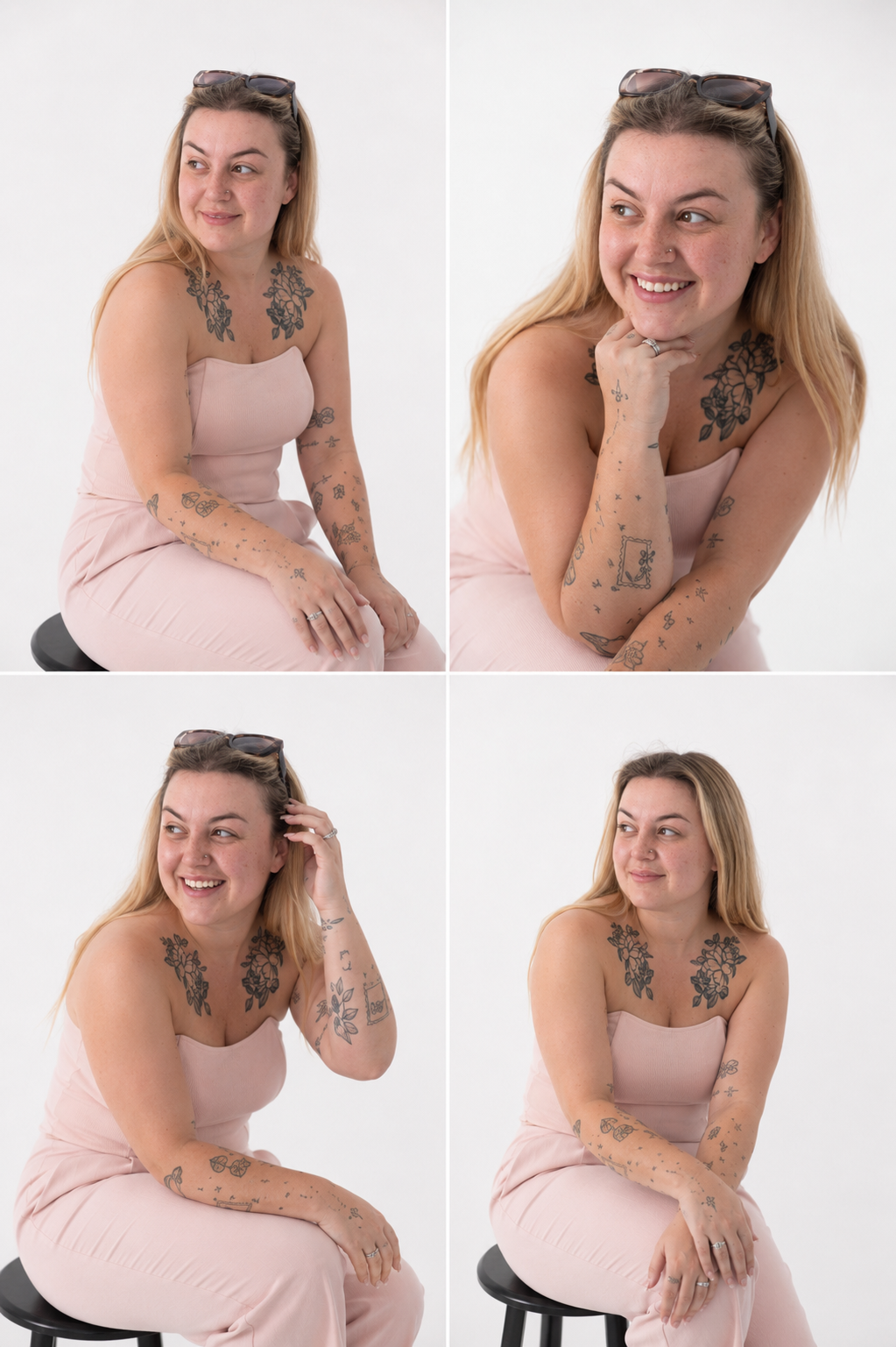 Four photos of a young woman with long blonde hair, wearing sunglasses on her head, a pink strapless dress, and having multiple tattoos on her arms and chest. She is sitting on a black stool against a white background.