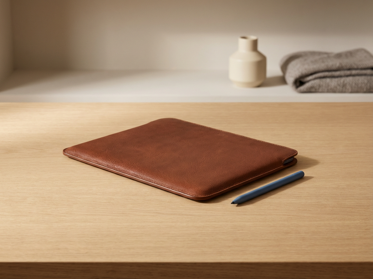 A closed brown leather laptop sleeve with a blue pen placed on a light wooden table.
