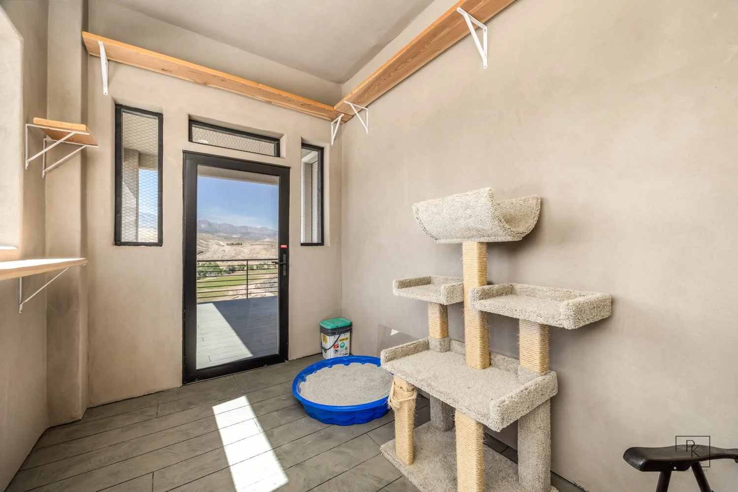 A small enclosed balcony with a door leading outside, a blue cat litter box filled with sand, a multi-level beige cat tree, and a small black chair on a grayish wood floor.