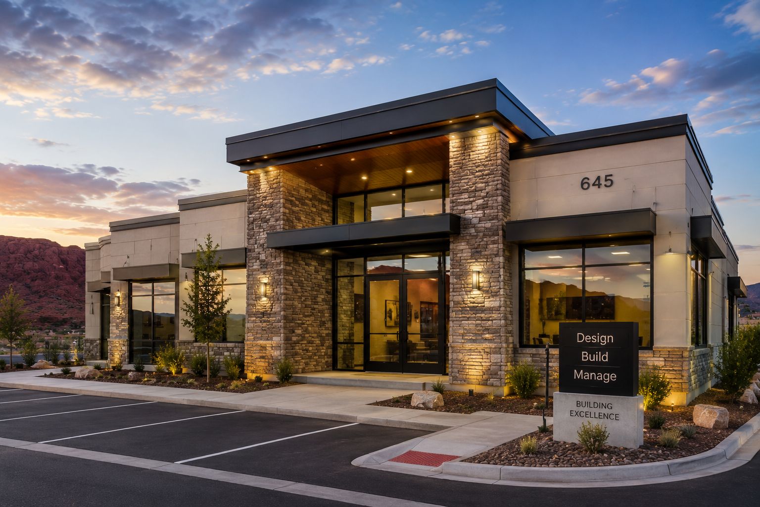 Modern commercial building with stone and beige exterior at sunset, featuring large glass windows, small trees in front, and a parking lot with marked spaces.