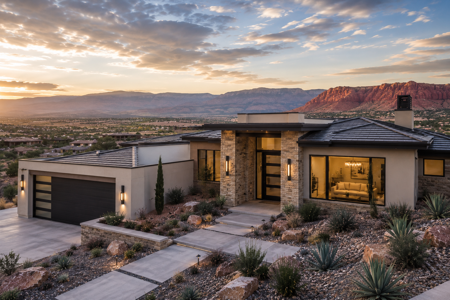 Modern house with stone and stucco exterior, large glass windows, and a black garage door, situated on a landscaped desert lot during sunset with mountains in the background.
