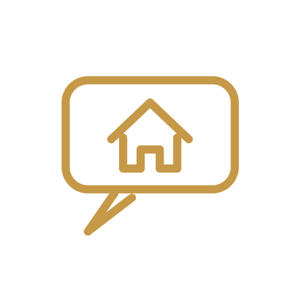 Gold outline speech bubble with a house icon inside on a black background
