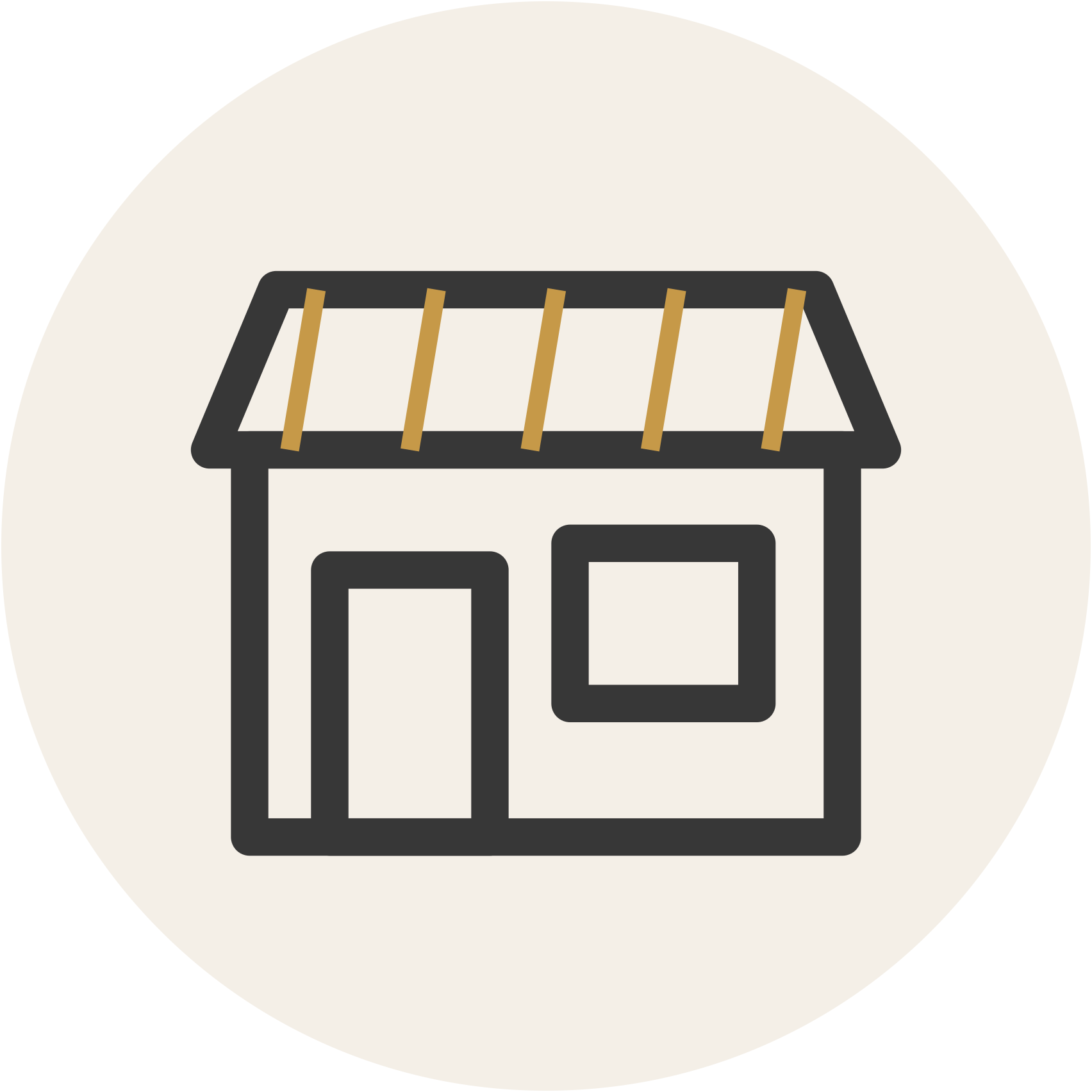 Illustration of a house with a rectangular shape, a sloped roof with four wooden beams, and two windows.