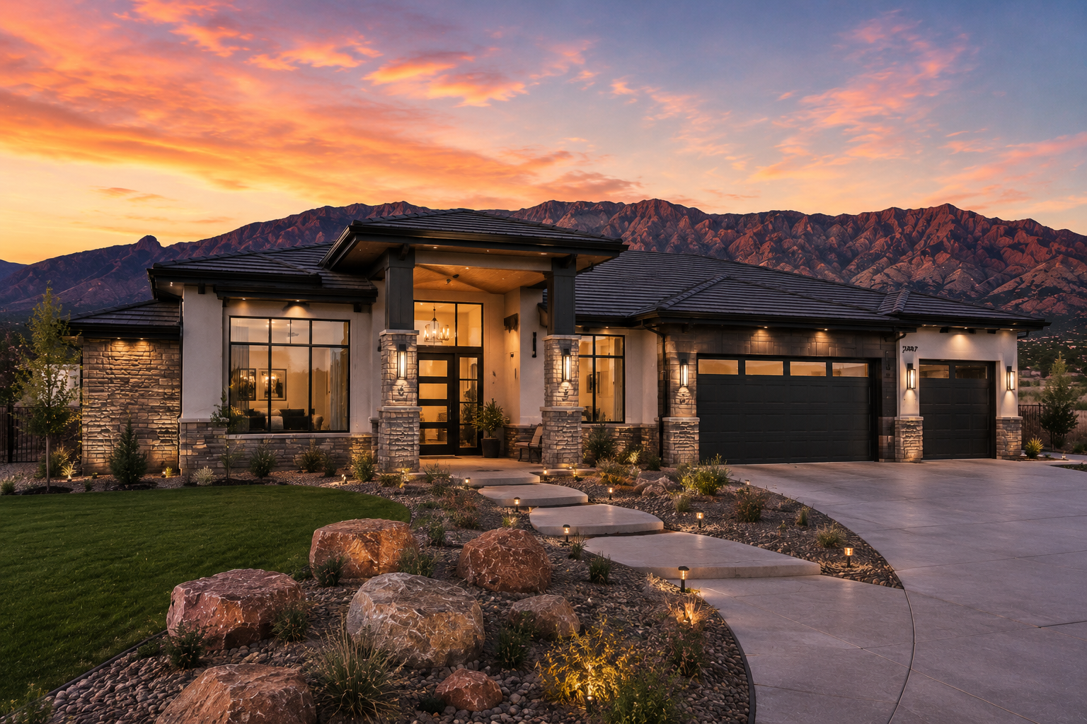 Modern house with a landscaped front yard, large windows, and a mountain backdrop at sunset.