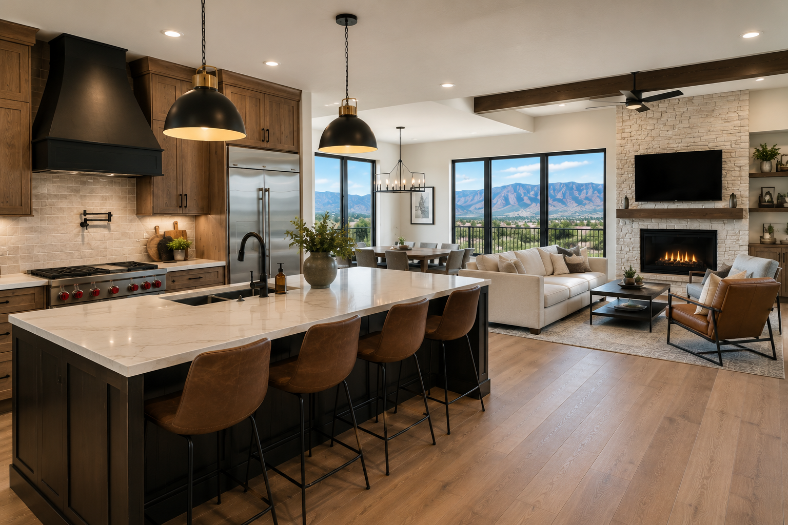 Open-concept kitchen and living room with mountain view, featuring a kitchen island with brown bar stools, black pendant lights, a fireplace, large windows, and modern furniture.