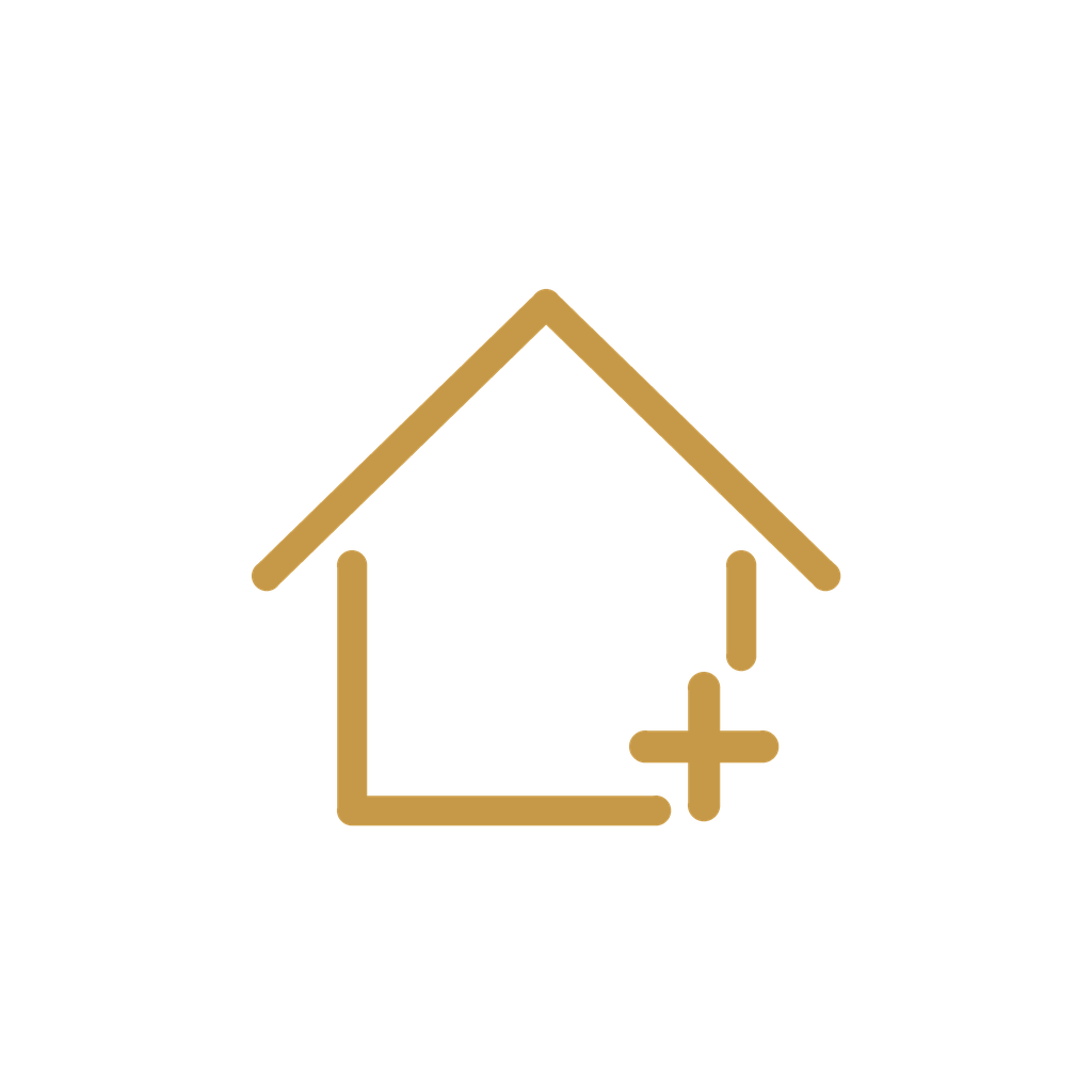 Outline of a house with a plus sign in front, drawn with gold lines on a black background.