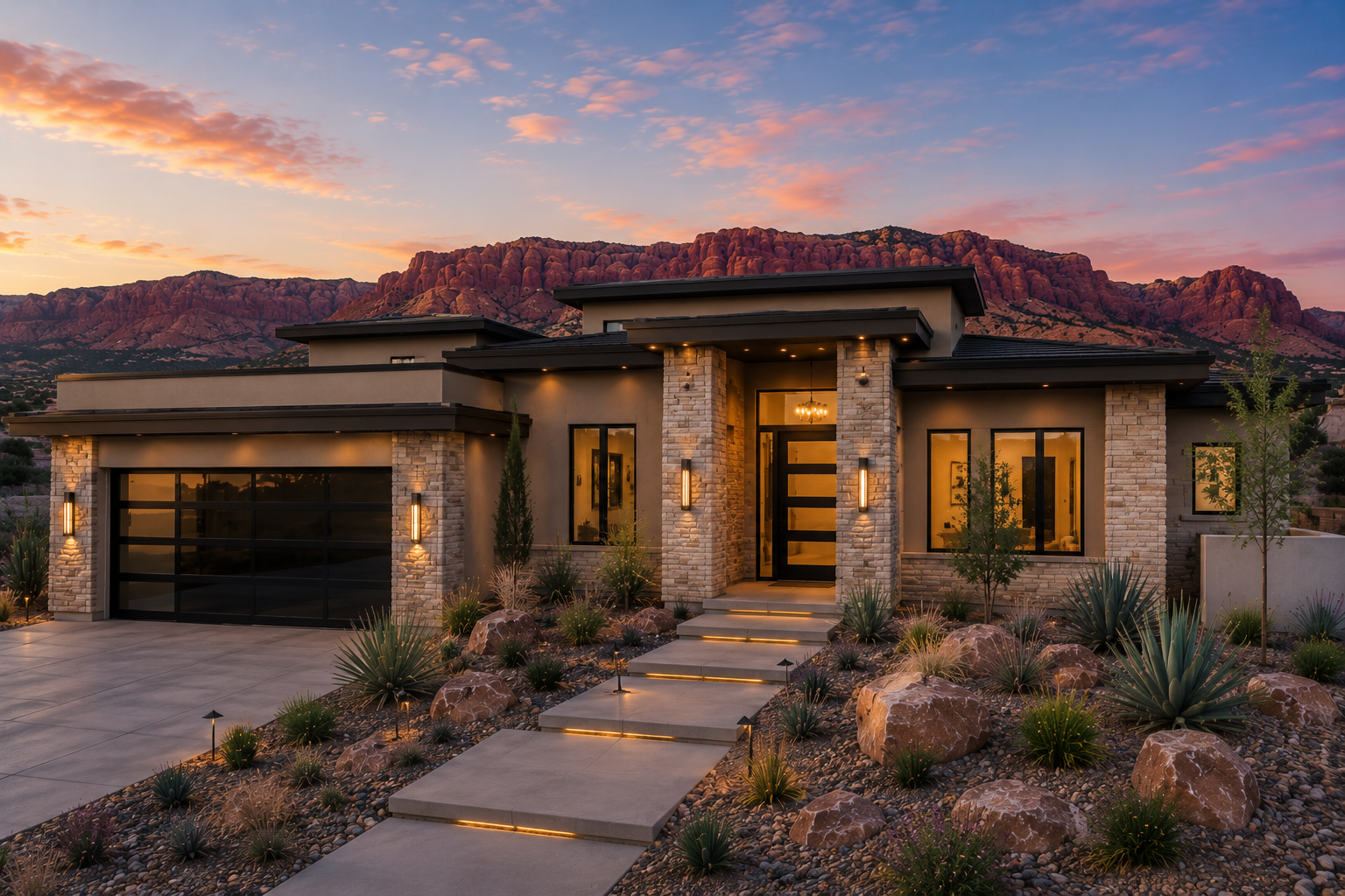 Modern house with stone and stucco exterior, illuminated at dusk, desert landscaping with shrubs and rocks, mountain range in the background.