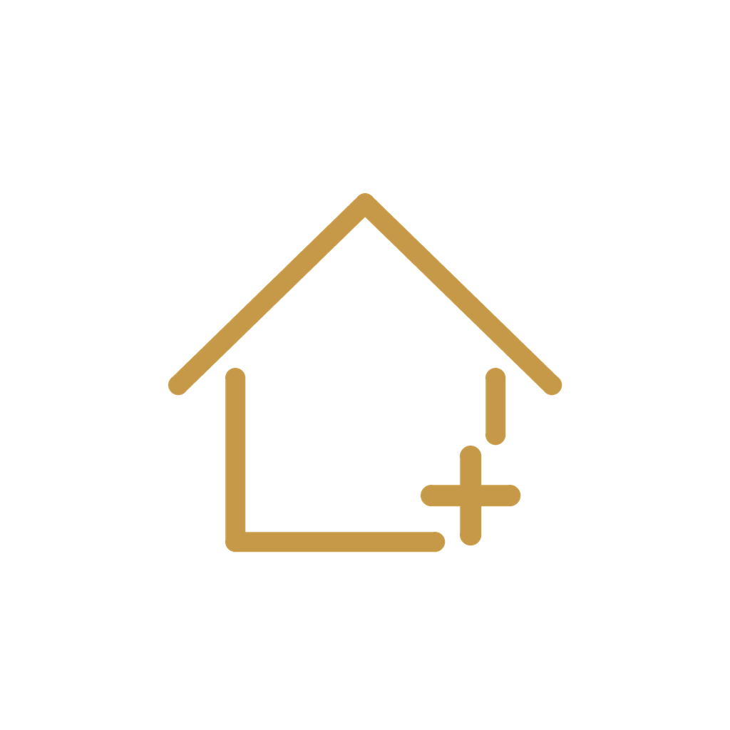 Outline of a house with a plus sign at the bottom right corner, in gold on a black background.
