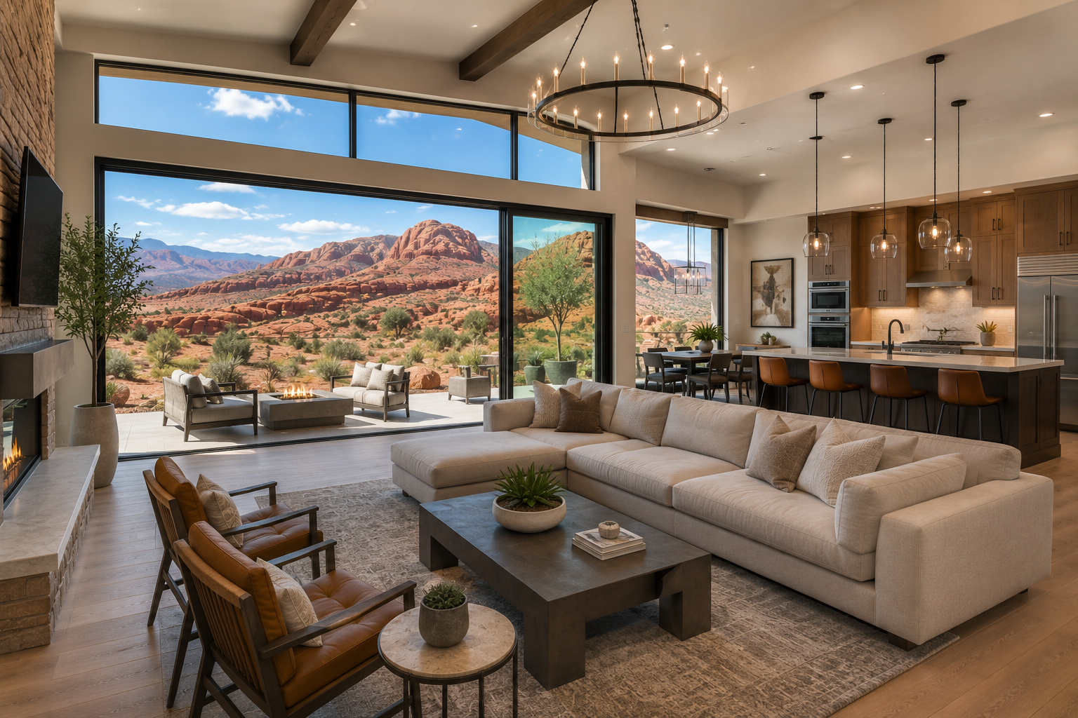 Modern open-concept living room with large floor-to-ceiling windows showcasing a desert mountain landscape, furnished with a beige sectional sofa, wooden chairs, a black coffee table with plants, sitting area with an outdoor fire pit, and a kitchen with wooden cabinets, pendant lights, and bar stools.