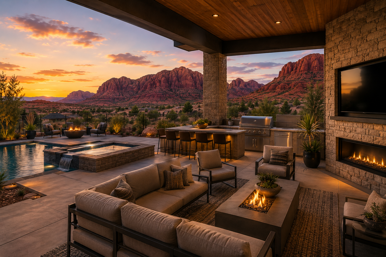 Outdoor living space at sunset with a seating area, fireplace, swimming pool, grilling area, and mountain view.