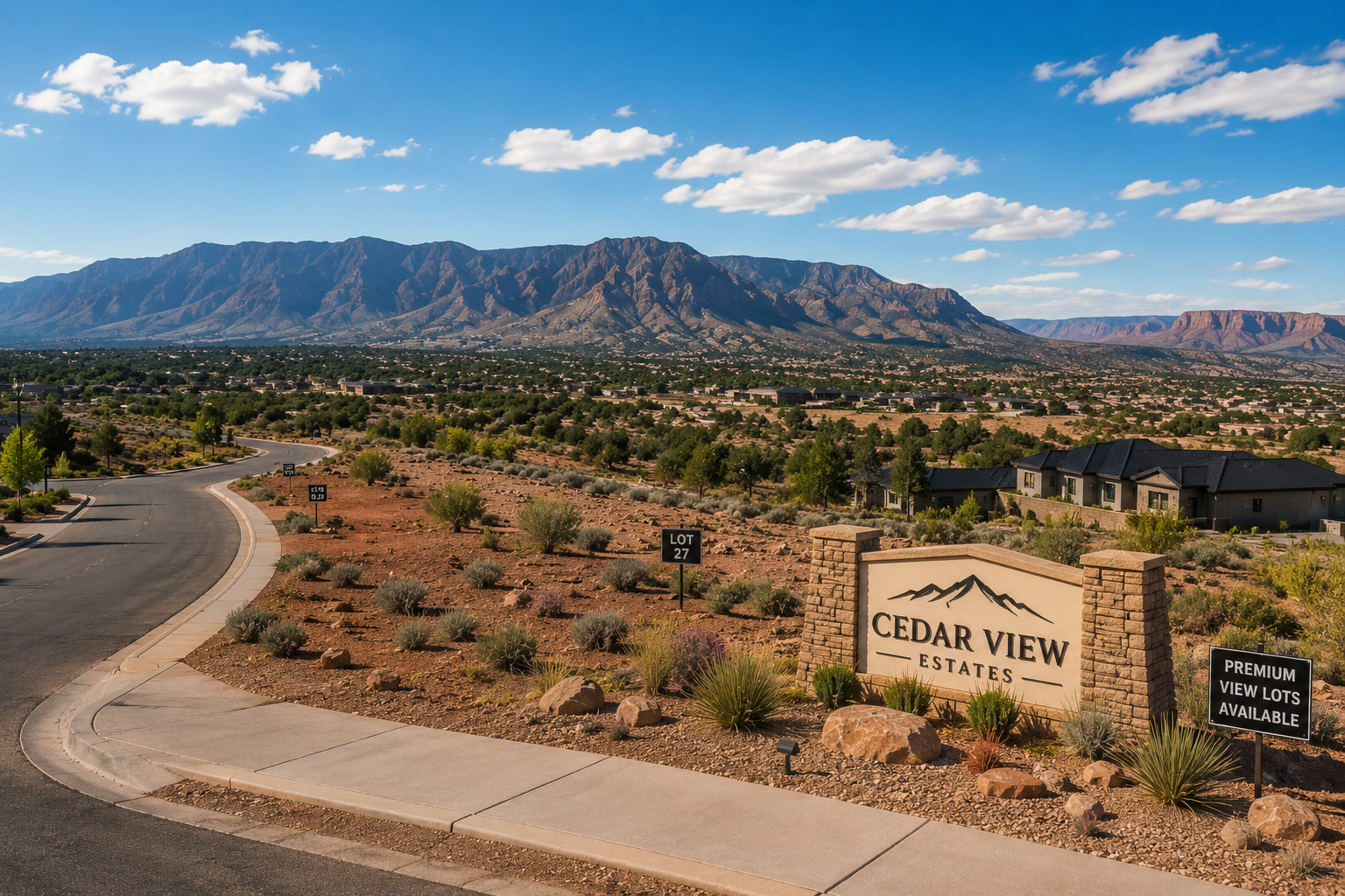 Entrance sign for Cedar View Estates with mountain view in the background, desert landscaping, residential houses, and a winding road under a partly cloudy sky.