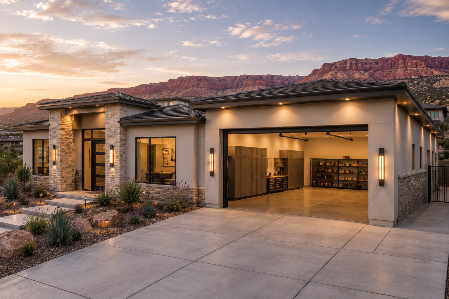 Modern house with a spacious garage, desert landscaping, sunset sky, mountain backdrop, lit exterior lights, and organized inside storage shelves.